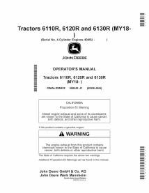 John Deere 6110R, 6120R, 6130R MY2018- manual do operador pdf para tratores - John Deere manuais - JD-OMAL225932