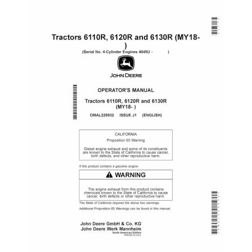 John Deere 6110R, 6120R, 6130R MY2018- manual do operador pdf para tratores - John Deere manuais - JD-OMAL225932