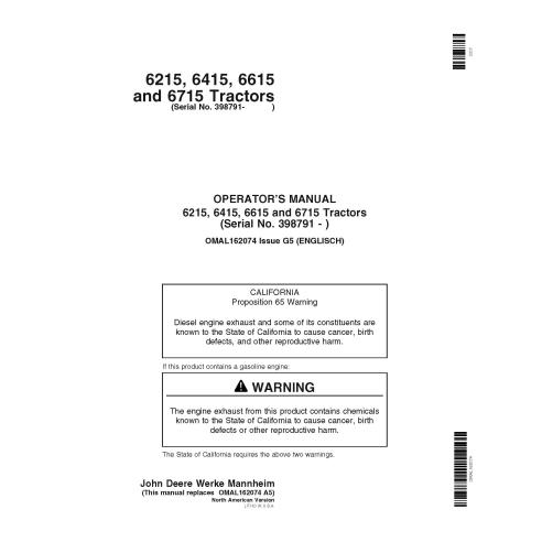 Manual do operador em pdf de tratores John Deere 6415, 6615, 6715, 6215 - John Deere manuais - JD-OMAL162074
