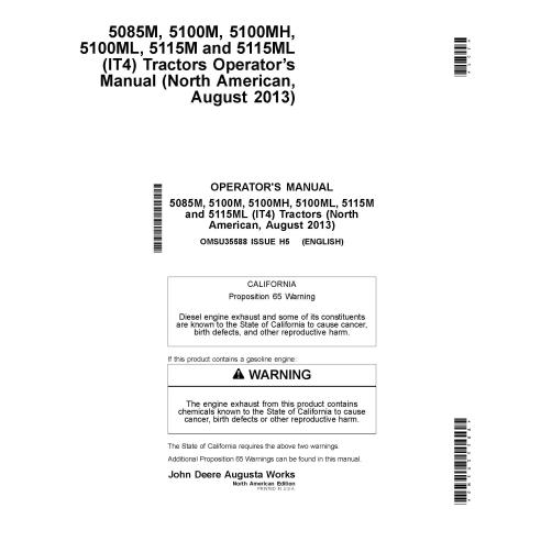 John Deere 5085M, 5100M, 5100MH, 5115M, 5115ML agosto 2013- manual do operador em pdf para tratores - John Deere manuais - JD...