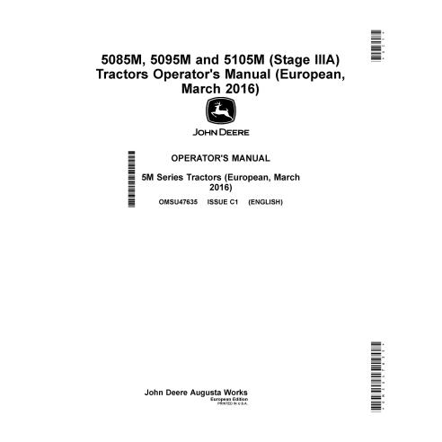 John Deere 5085M, 5100M, 5100MH, 5115M, 5115ML março 2016- manual do operador em pdf para tratores - John Deere manuais - JD-...