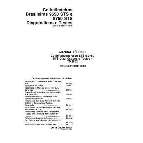 John Deere 9650 STS, 9750 STS combinam pdf diagnóstico técnico manual PT - John Deere manuais - JD-TM2802-PT