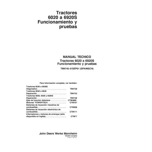 TM4743-ES John Deere 6020, 6120, 6220, 6320, 6420, 6420S, 6520, 6620, 6820, 6920 tractor operation & test technical manual ES...