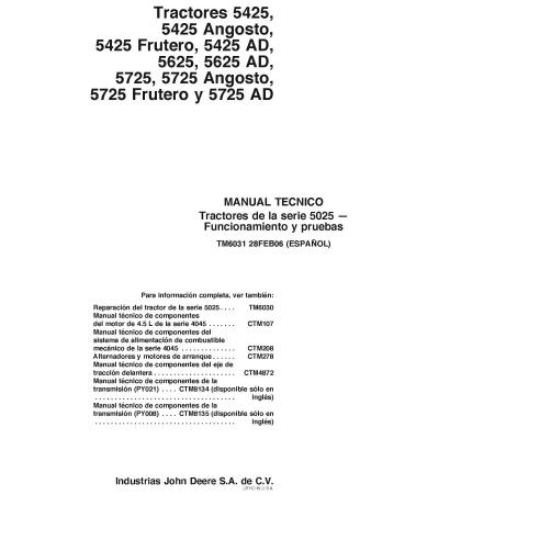 John Deere 5425, 5625, 5725 tratores pdf operação e manual técnico de teste ES - John Deere manuais - JD-TM6031-ES