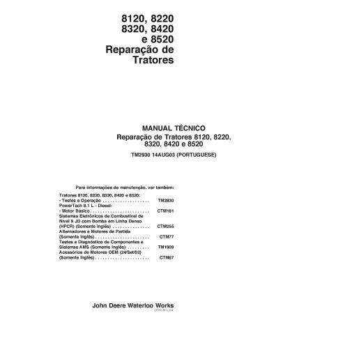 TM2930-PT Manual técnico de reparação dos tratores John Deere 8120, 8220, 8320, 8420, 8520 PT (TM2930)