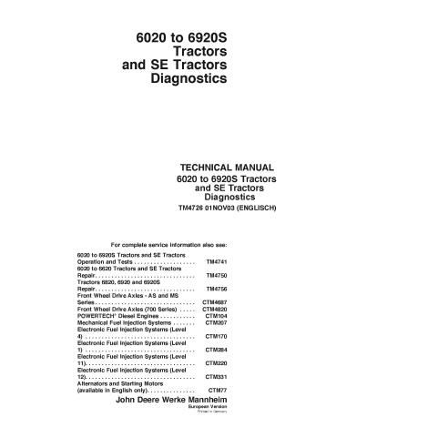 John Deere \r\n6020 - 6920S tractors pdf diagnostic technical manual  - John Deere manuals - JD-TM4726