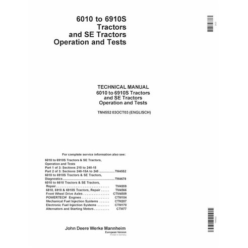 TM4552 Manual de operação e testes dos tratores John Deere 6010 - 6910S em PDF (TM4552)