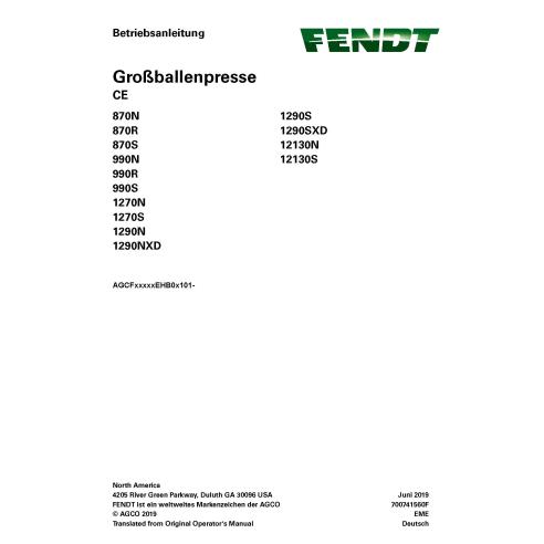 Fendt 870, 990, 1270, 1290, 12130 presse à balles pdf manuel d'utilisation DE - Fendt manuels - FENDT-700741560F-DE