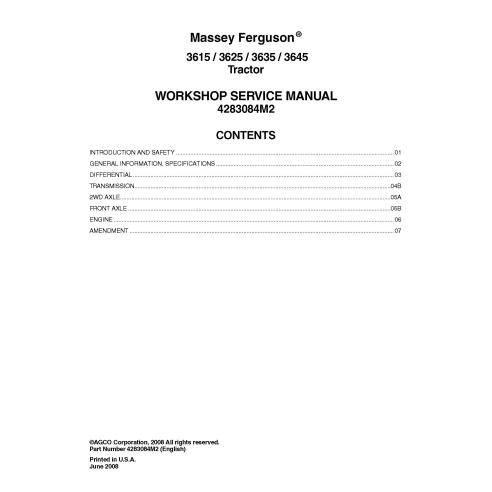 Tracteurs Massey Ferguson 3615, 3625, 3635, 3645 pdf manuel d'entretien d'atelier FR - Massey-Ferguson manuels - MF-4283084M2-EN