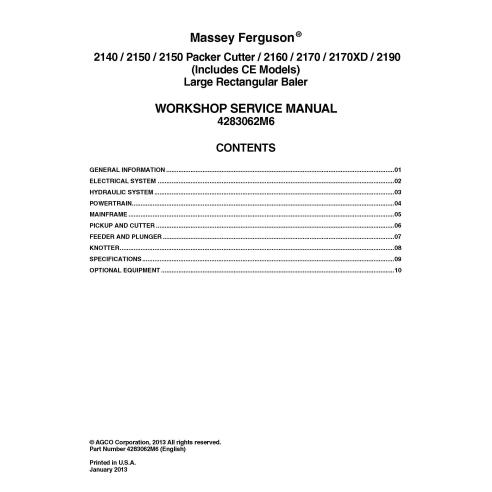Manual de serviço de oficina em pdf da enfardadeira Massey Ferguson 2140, 2150, 2160, 2170, 2190 CE - Massey Ferguson manuais...