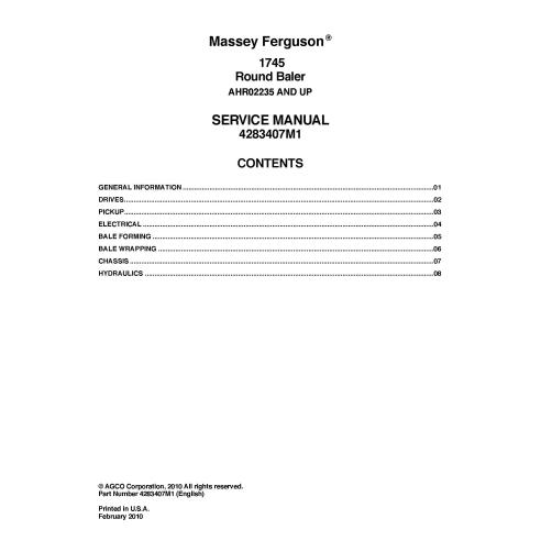Manual de serviço em pdf da enfardadeira Massey Ferguson 1745 - Massey Ferguson manuais - MF-4283407M1-EN