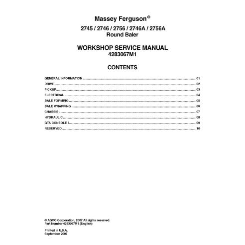 Manuel d'entretien pdf de la presse à balles Massey Ferguson 2745, 2746, 2756, 2746A, 2756A - Massey-Ferguson manuels - MF-42...