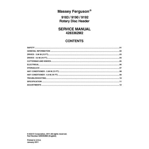 Massey Ferguson 9183, 9190, 9192 cabezal de disco rotatorio pdf manual de servicio - Massey Ferguson manuales - MF-4283362M2-EN