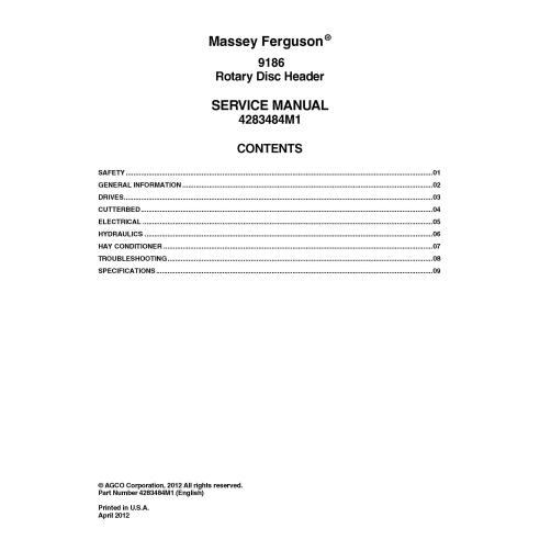 Massey Ferguson 9186 cabezal de disco rotatorio pdf manual de servicio - Massey Ferguson manuales - MF-4283484M1-EN