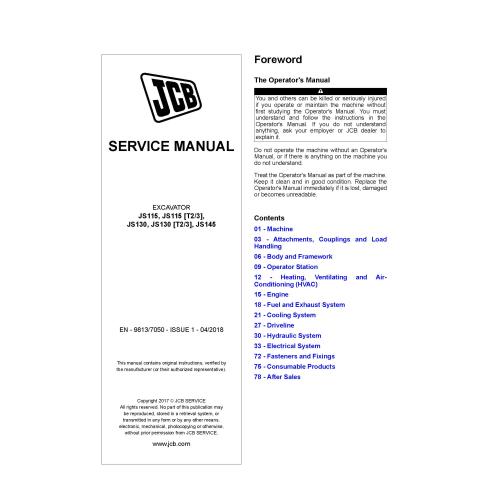JCB JS115, JS115 [T2 / 3], JS130, JS130 [T2 / 3], manual de serviço em pdf da escavadeira JS145 - JCB manuais - JCB-9813-7050