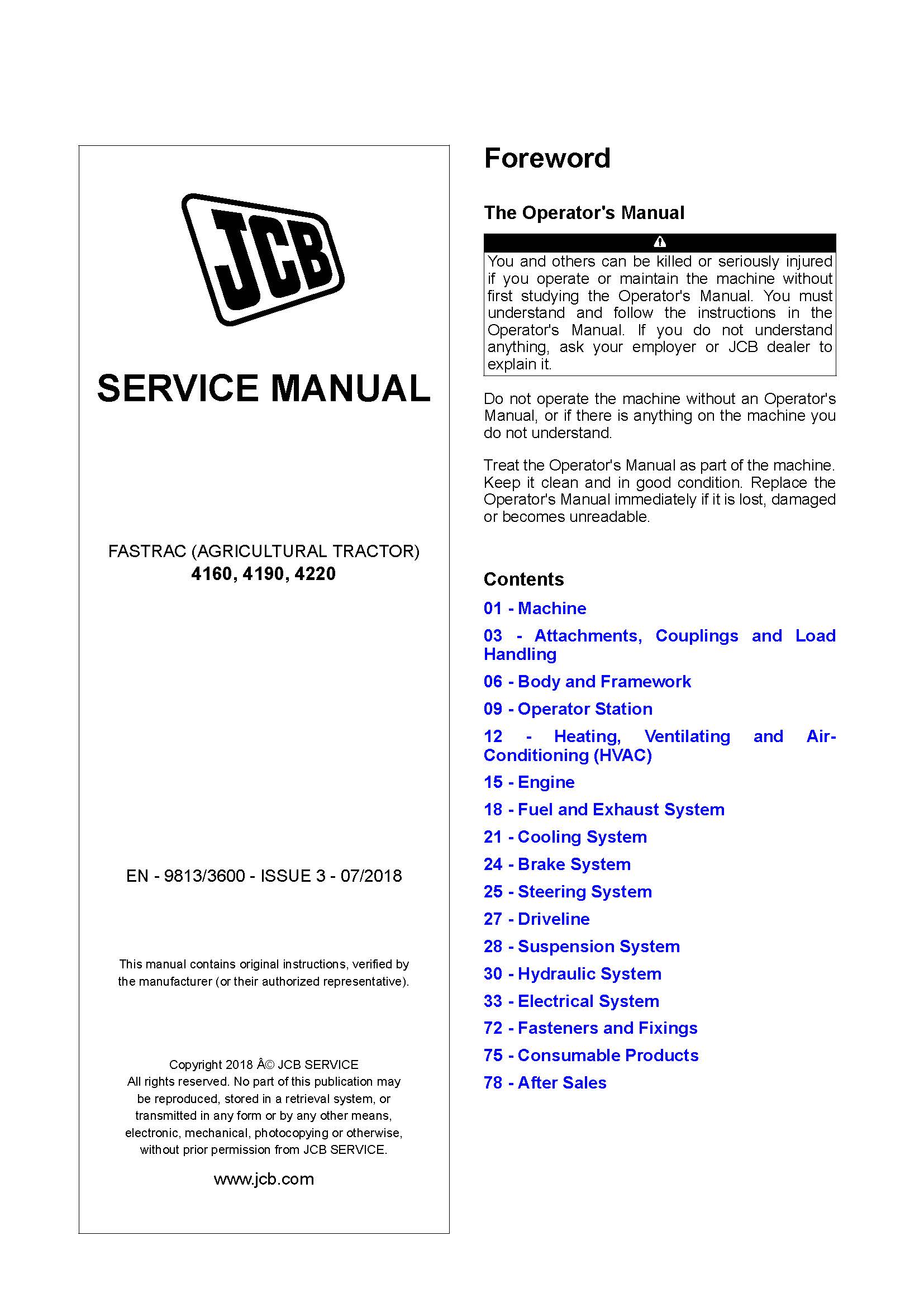 Manual de serviço pdf do trator JCB FASTRAC 4160, 4190, 4220