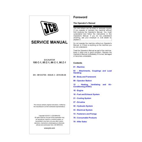 Manuel d'entretien pdf de la pelle JCB 100 C-1, 85 Z-1, 86 C-1, 90 Z-1 - JCB manuels - JCB-9813-2700