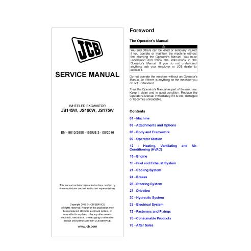JCB JS145W, JS160W, JS175W excavator pdf service manual  - JCB manuals - JCB-9813-2650
