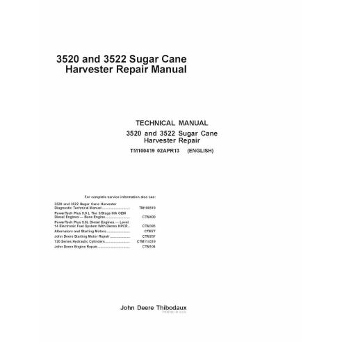 TM100419 John Deere 3520, 3522 sugar cane harvester repair technical manual (TM100419)