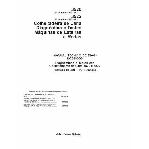 John Deere 3520, 3522 colhedora de cana-de-açúcar pdf manual de diagnóstico e testes PT - John Deere manuais - JD-TM802654-PT