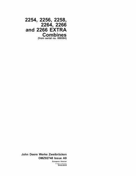 JD-OMZ92748 John Deere 2254, 2256, 2258, 2264, 2266 combine harvester operator's manual (OMZ92748)