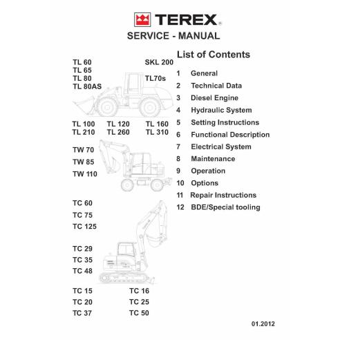 Carregadeiras Terex TL60-310, TW70-110, escavadeiras TC15-125 pdf manual da loja - Terex manuais - TEREX-TL-TW-TC