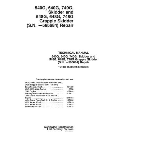 John Deere 540G, 640G, 740G, 548G, 648G, 748G minicarregadeira pdf manual técnico de reparo - John Deere manuais - JD-TM1600-EN