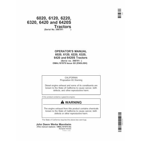 JD-OMAL161979 John Deere 6020, 6120, 6220, 6320, 6420 and 6420S SN 398790- tractor pdf operator's manual