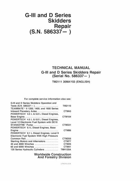 TM2111 John Deere 540GIII, 548GIII, 640GIII, 648GIII, 748GIII, 360D, 460D, 560D skid loader repair technical manual (TM2111)