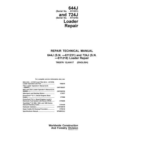 John Deere 644J, 724J loader pdf repair technical manual  - John Deere manuals - JD-TM2076