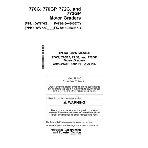 John Deere 770G, 770GP, 772G, 772GP motoniveladora pdf manual del operador - John Deere manuales - JD-OMT363020X19