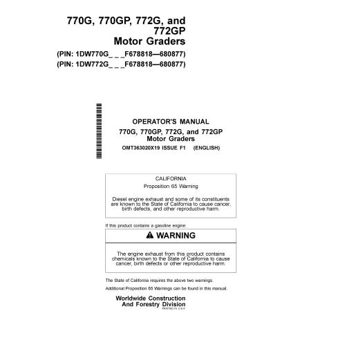 Niveladora John Deere 770G, 770GP, 772G, 772GP pdf manual do operador - John Deere manuais - JD-OMT363020X19