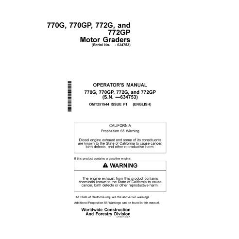 John Deere 770G, 770GP, 772G, 772GP motoniveladora pdf manual del operador - John Deere manuales - JD-OMT251544