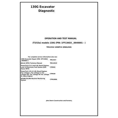 Manual técnico de operação e teste da escavadeira John Deere 130G pdf - John Deere manuais - JD-TM12554