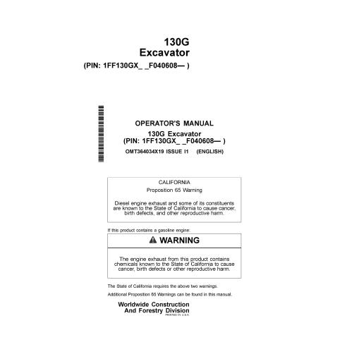 Manual do operador da escavadeira John Deere 130G pdf - John Deere manuais - JD-OMT364034X19