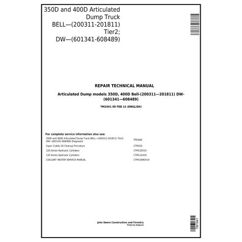 John Deere 350D, 400D articulated truck pdf repair technical manual  - John Deere manuals - JD-TM1941