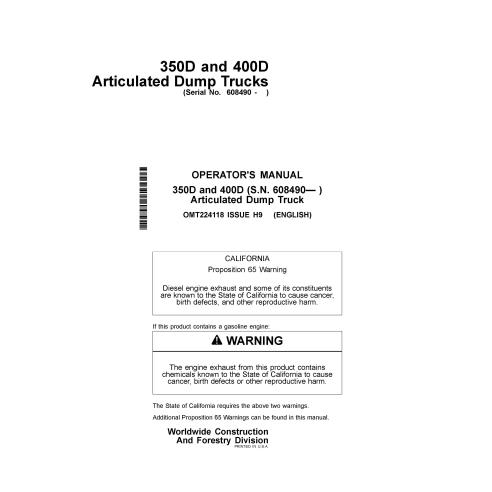John Deere 350D, 400D camión articulado pdf manual del operador - John Deere manuales - JD-OMT224118