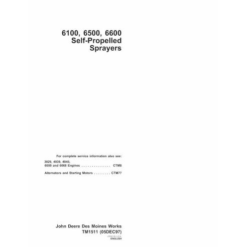 TM1511 John Deere 6100, 6500, 6600 pulvérisateur automoteur pdf manuel technique - tout compris