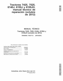 John Deere 7425, 7525, 6140J, 6155J, 6155JH tracteur manuel technique de réparation pdf ES - John Deere manuels - JD-TM605863-ES