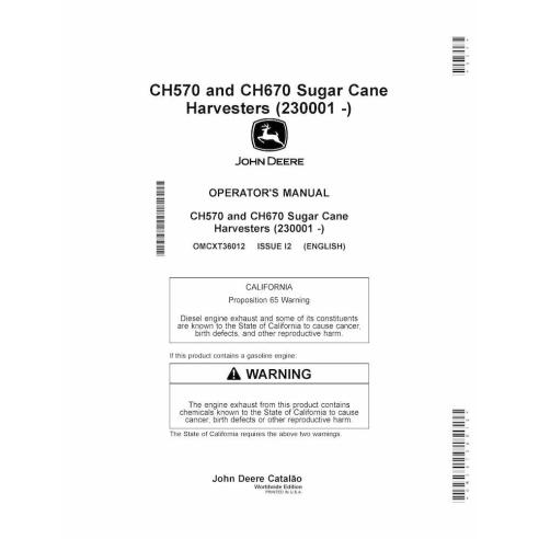 John Deere CH570, CH670 cosechadora de caña de azúcar pdf manual del operador - John Deere manuales - JD-OMCXT36012-EN
