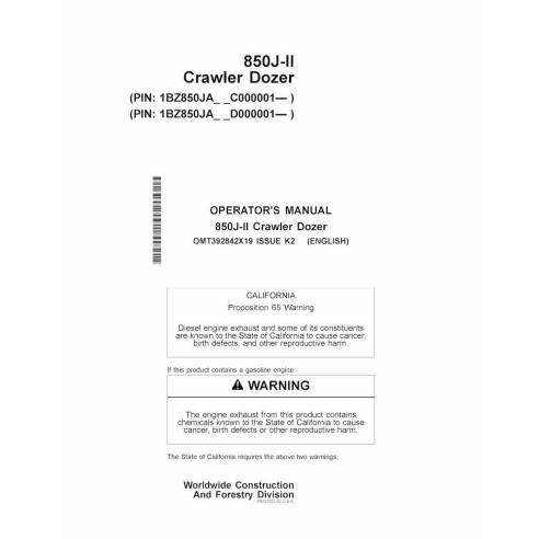 JD-OMT392842X19 John Deere 850J-II crawler dozer operator's manual (OMT392842X19)