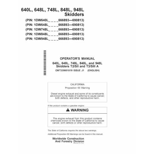John Deere 640L, 648L, 748L, 848L, and 948L skid loader pdf operator's manual  - John Deere manuals - JD-OMT335601X19-EN