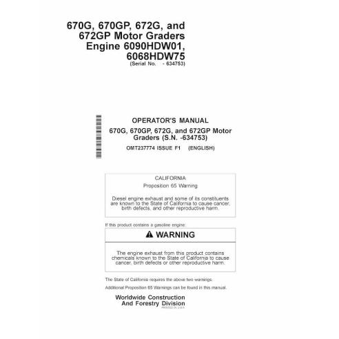 John Deere 670G, 670GP, 672G y 672GP motoniveladoras pdf manual del operador - John Deere manuales - JD-OMT237774-EN