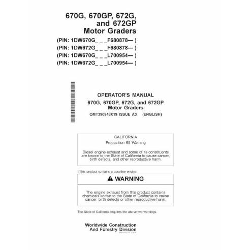 John Deere 670G, 670GP, 672G y 672GP motoniveladoras pdf manual del operador - John Deere manuales - JD-OMT390948X19-EN