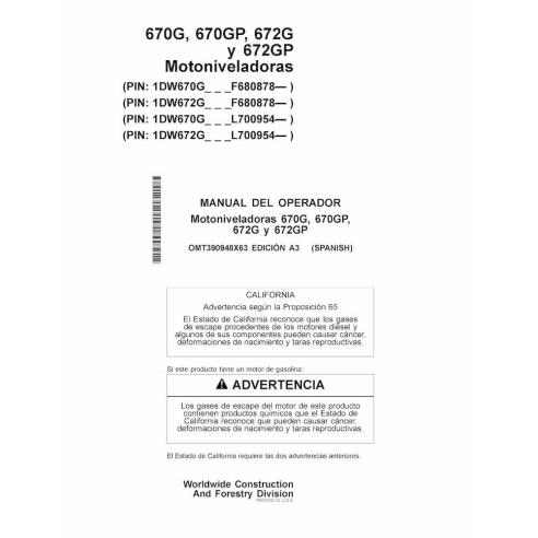 John Deere 670G, 670GP, 672G y 672GP motoniveladoras pdf manual del operador ES - John Deere manuales - JD-OMT390948X63-ES
