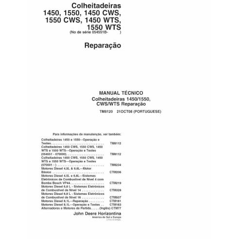 TM8120-PT Manual técnico de reparación de cosechadoras John Deere 1450, 1550, 1450 CWS, 1550 CWS, 1450 WTS, 1550 WTS PT (TM8120)