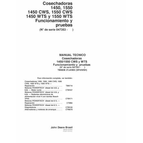 TM4838-ES John Deere 1450, 1550, 1450 CWS, 1550 CWS, 1450 WTS, 1550 WTS combiner pdf fonctionnement et test manuel technique ES