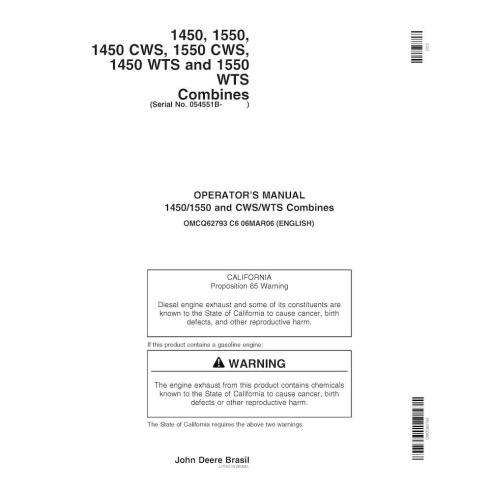 John Deere 1450, 1550, 1450 CWS, 1550 CWS, 1450 WTS, 1550 WTS combine pdf manual do operador - John Deere manuais - JD-OMCQ62...