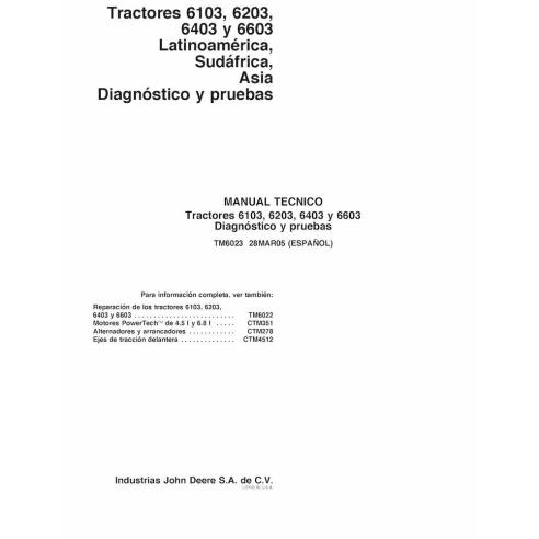 TM6023-ES John Deere 6103, 6203, 6403, 6603 trator pdf operação e teste manual técnico ES