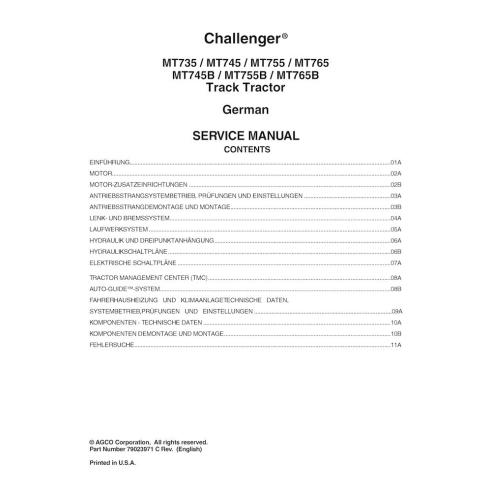 Challenger MT735, MT745, MT755, MT765, MT745B, MT755B, MT765B trator de esteiras de borracha pdf manual de serviço DE - Chall...